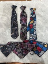 Lot Of 3 Little Boys Clip On Ties W Matching Handkerchiefs/ 11 Inch