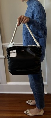 Moschino Black Shoulder Bag with White Strap, Gold Hardware, Logo Accent