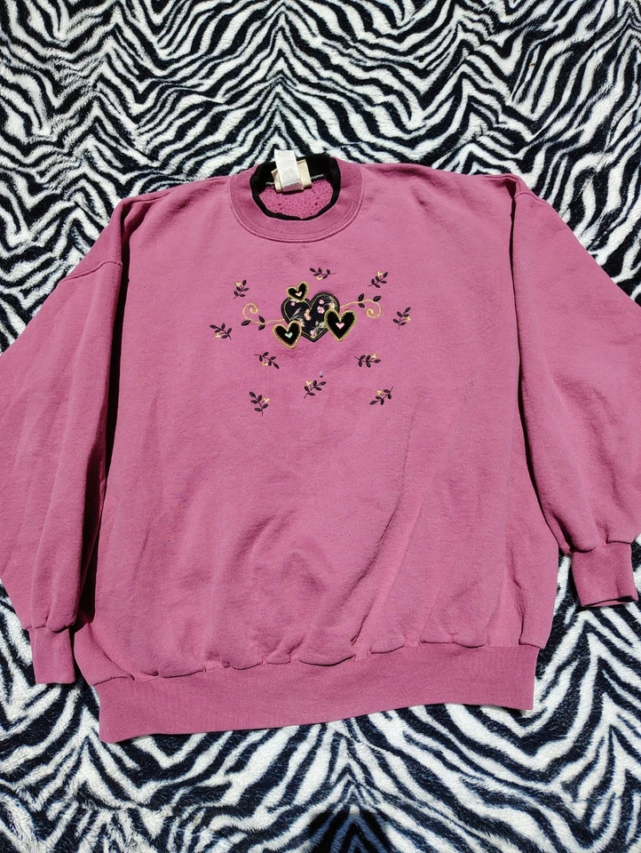 Vintage 90s Top Stitch Sweatshirt Womens 3XL Pink Red Grandma Lagenlook Baggy - Image 3 of 4