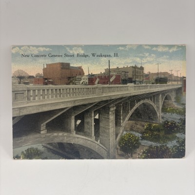 Vintage Postcard New Concrete Genesee Street Bridge, Waukegan Illinois, IL