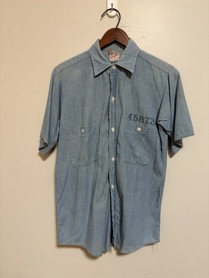 Vintage 40s Prison Inmate Chambray Short Sleeve Shirt Buffalo City Jail Large
