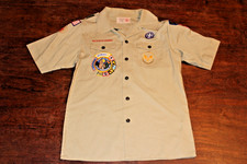 Boy Scouts of America BSA Youth Shirt Tan Large Sewn Patches Short Sleeve