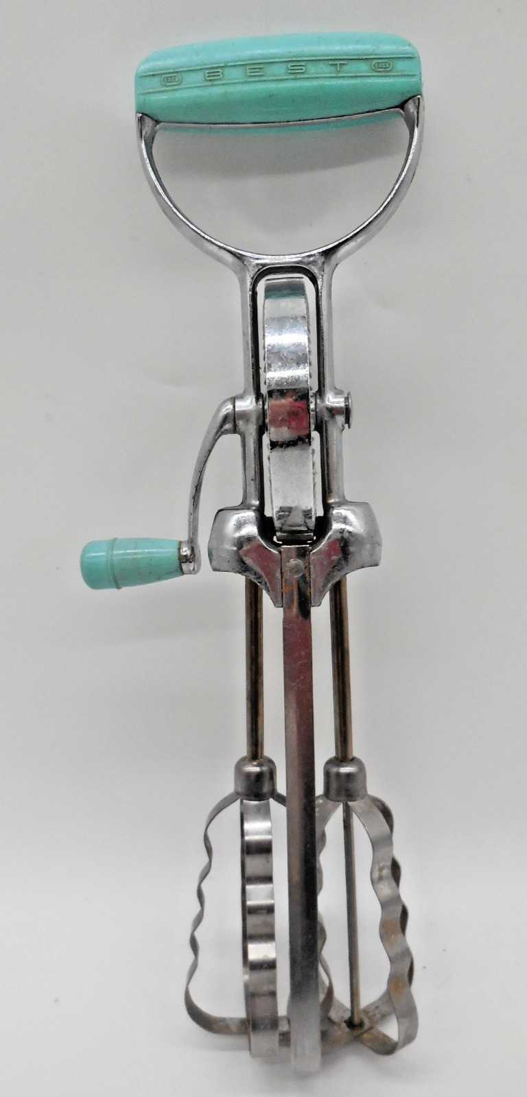 Vintage EKCO Flint Best Aqua Turquoise Manual Egg Beater Mixer MCM Retro