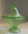 U.S. Glass Flower Garden With Butterfies Green Depression Candy & Lid GLOWS READ