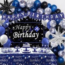 Black and Blue Birthday Decorations for Men Boys, Happy Birthday Banner