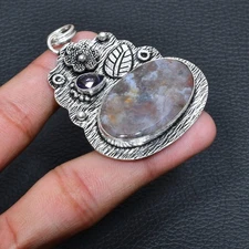 Moss Agate, Amethyst Gemstone Handmade  Jewelry Pendant 2.27" G400