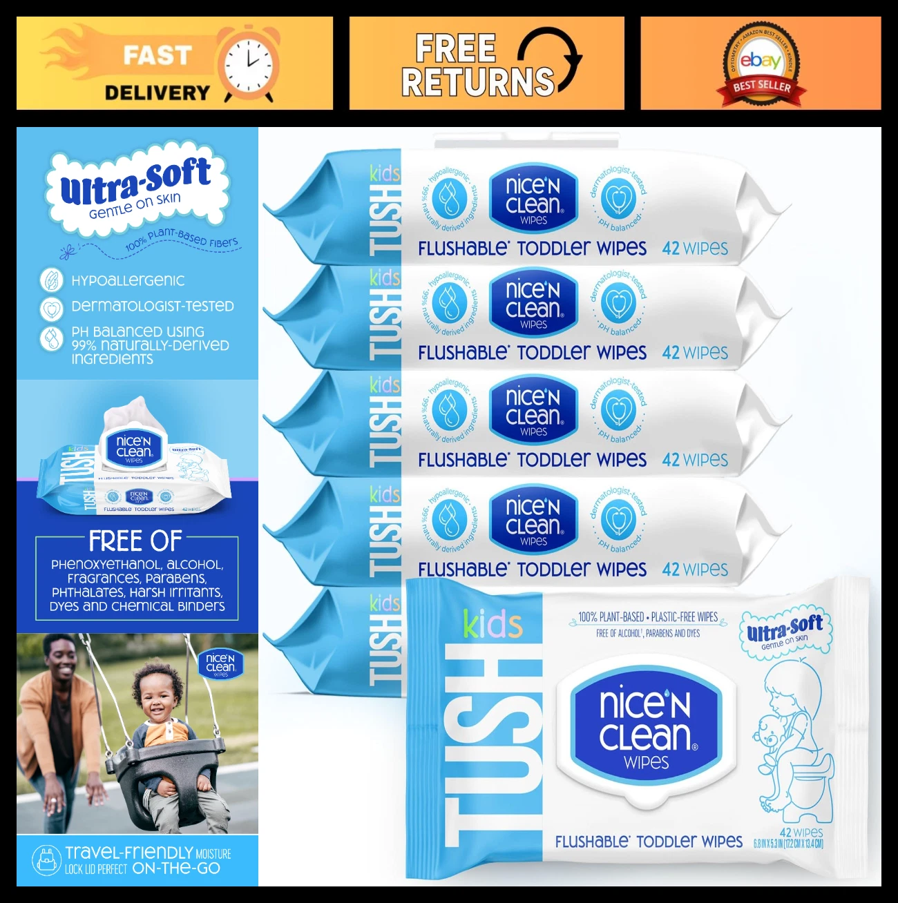 Flushable Toddler Wipes 42ct (6-Pack) | 100% Plant-Based, Unscented | Sensitive