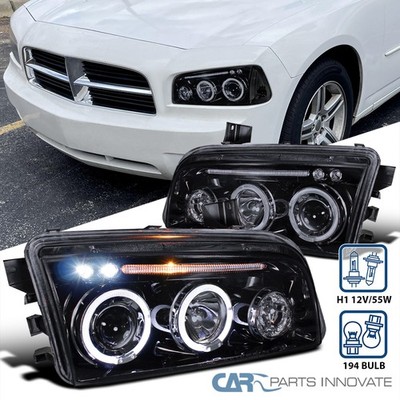 Fits 2006-2010 Dodge Charger LED Halo Smoke Projector Headlights Glossy  Black