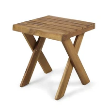Rustic Acacia Wood Side Table with Sandblast Teak Finish and Cross Base for