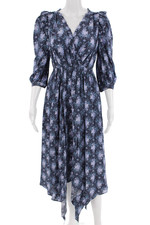 Love Shack Fancy Womens Dark Blue Wrap Maxi Dress V-Neck 3/4 Sleeve Size 0P
