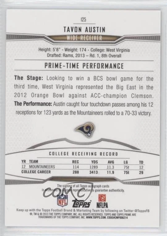 2013 Topps Prime Gold Auto /75 Tavon Austin #125 Rookie Auto RC - Image 2 of 2