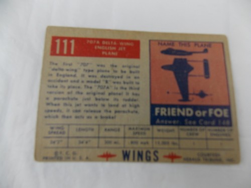 1952 Topps Wings Card #111 707A DELTA WING English Jet Plane - - Imagen 3 de 4