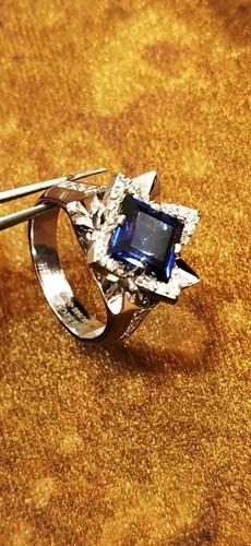Pave 3,87 Cts Tondo Brillante Taglio Diamante Zaffiro Cocktail Anello In 14K Oro - Foto 10 di 12