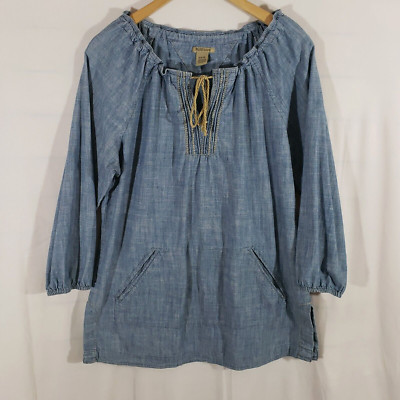 RUFF HEWN Size M Cotton VTG Wash Denim Boho Tunic Top Shirt 3/4 Sleeve Pockets