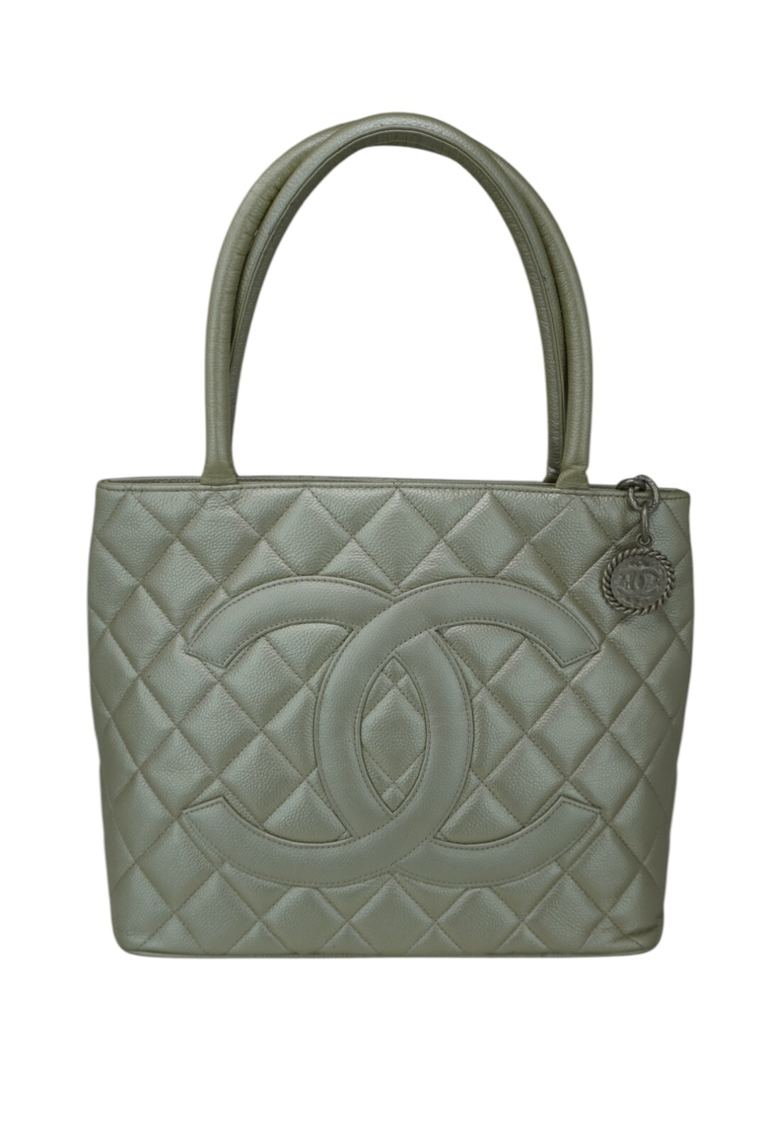 Chanel Vintage Quilted Caviar Leather Light Olive Medallion Tote Bag