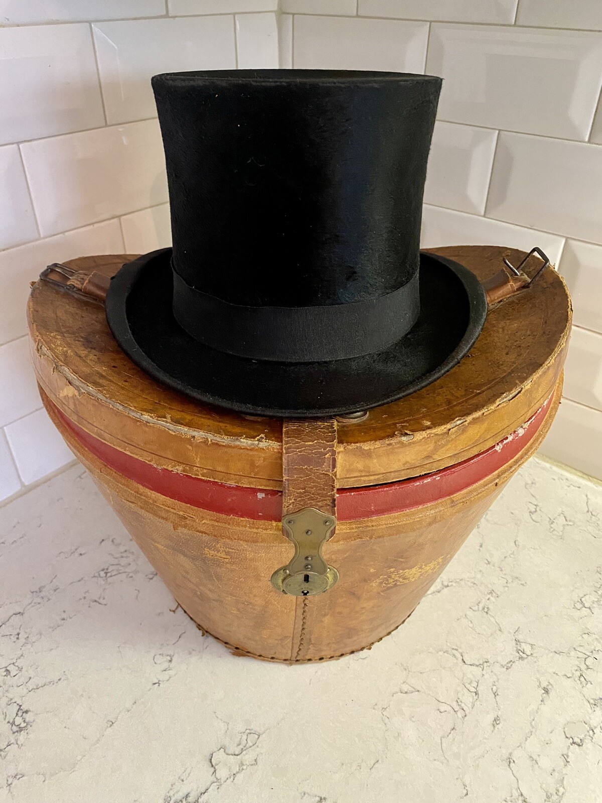 Antique Belgian Top Hat and Embossed Case Beaver Fur— steampunk style