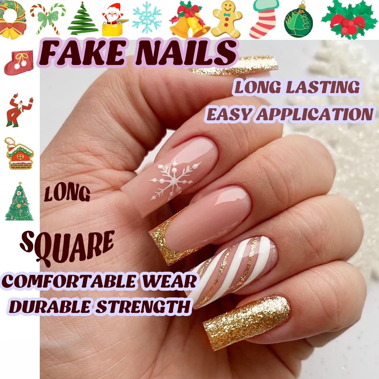 Gold Bling Snowflake Press-On Nails for Winter Christmas-image