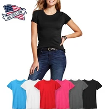 Womens Round Neck T Shirts SHORT SLEEVE Casual Comfort Basic Tee Plain Cotton