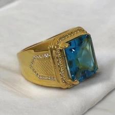 Blue Topaz Emerald Cut With 925 Sterling Silver Gold Plated Ring For Men's #850