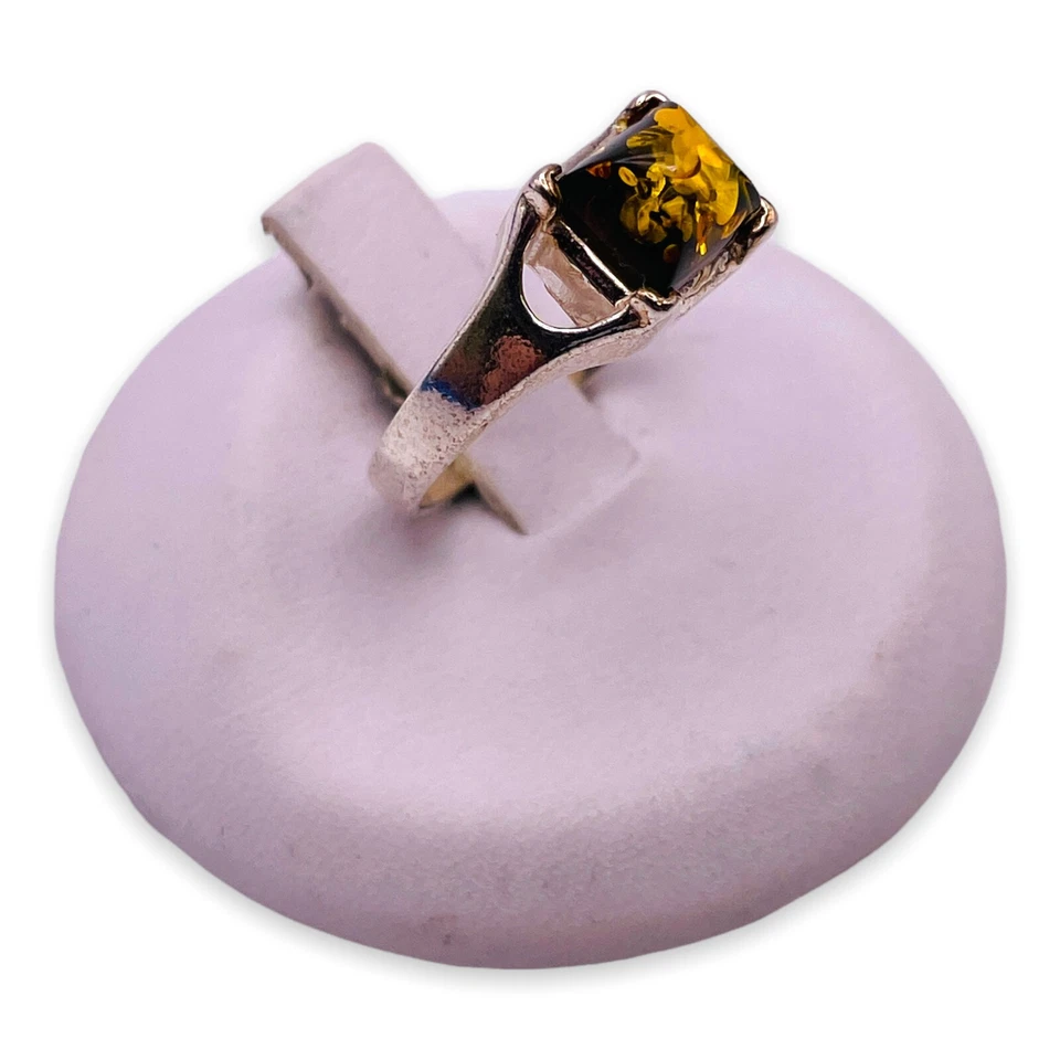 Anillo cuadrado ámbar verde real natural de plata de ley 925 6,75 - 5880 Foto 3 de 4