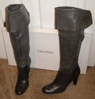 EUC Over the Knee Calvin Klein sz 9 Gray Leather Boots Pull On Cuffed Knee high — photo 4