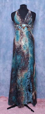 RIVA DESIGNS BROWN TEAL GLITTER LACE HALTER BEADED GEMS PROM FORMAL GOWN DRESS 0