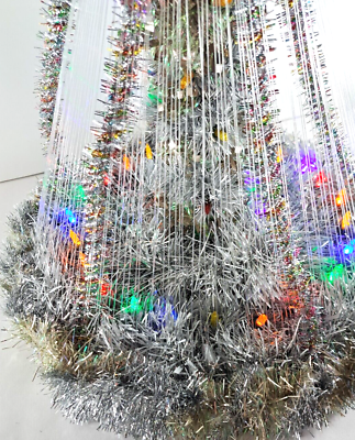 Vintage Tabletop Christmas Tree Fishing Line Silver Garland Tinsel Lighted  18