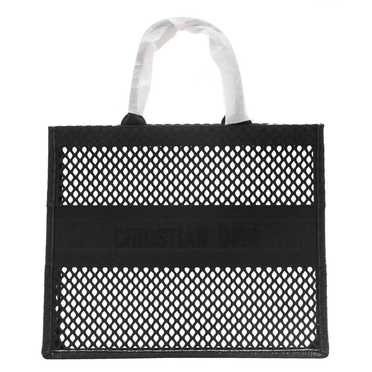 Christian Dior Womens Mens Book Tote Bag Large Black Logo Woven Mesh Canvas