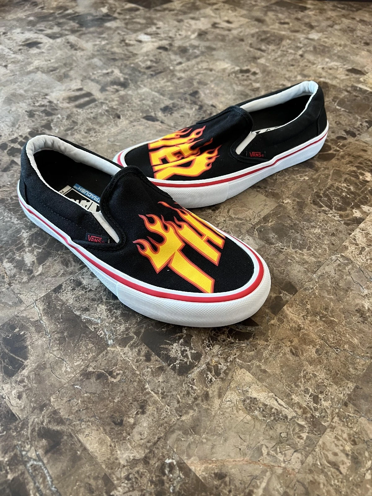 Sneaker slip on basse VANS Thrasher nere fiamma punta rotonda punta bassa da uomo giovani taglia 6