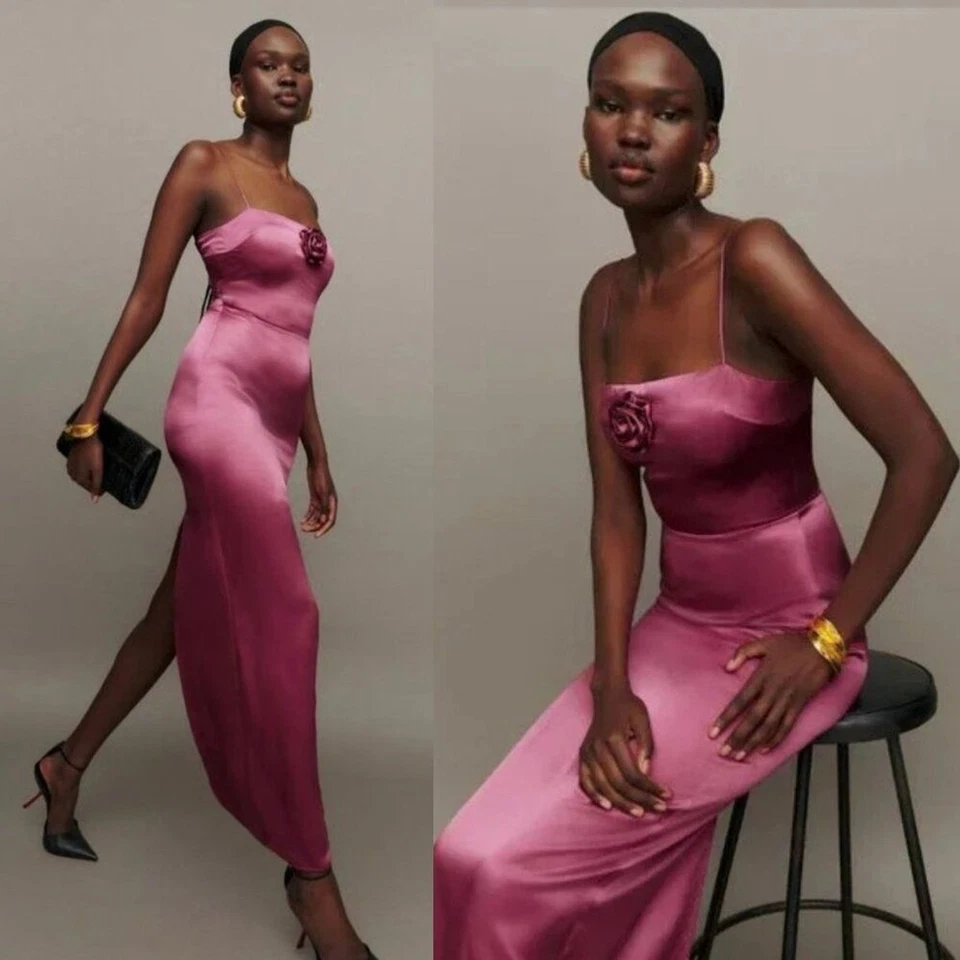 Vestido maxi Reformation Frankie morango vinho rosa roseta seda fenda traseira 4 - Imagem 2 de 4