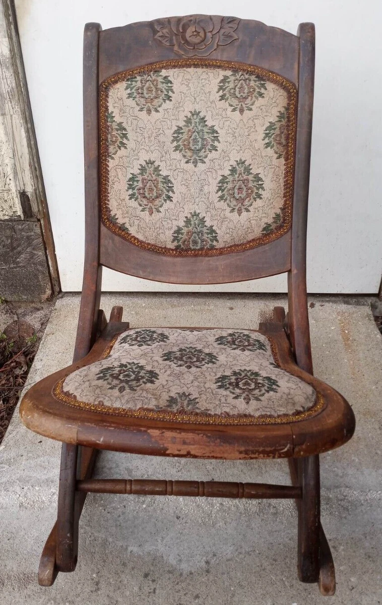 Antique folding rocking chair tapestry design