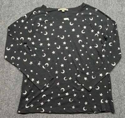 LOFT Shirt Womens Large Black Silver Moon Star Print Long Sleeve 100% Cotton New