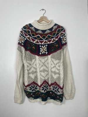 Carolina Colours Vintage Creme Muster Cottagecore Ramie Strickpullover - Medium M