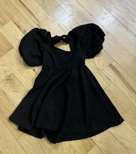 Free People Black Dress With Puffy Sleeves And Tie Bow In Back
