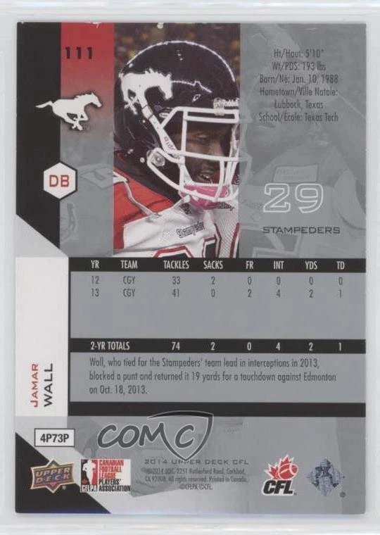 2014 Upper Deck CFL Jamar Wall #111 - Image 2 of 2