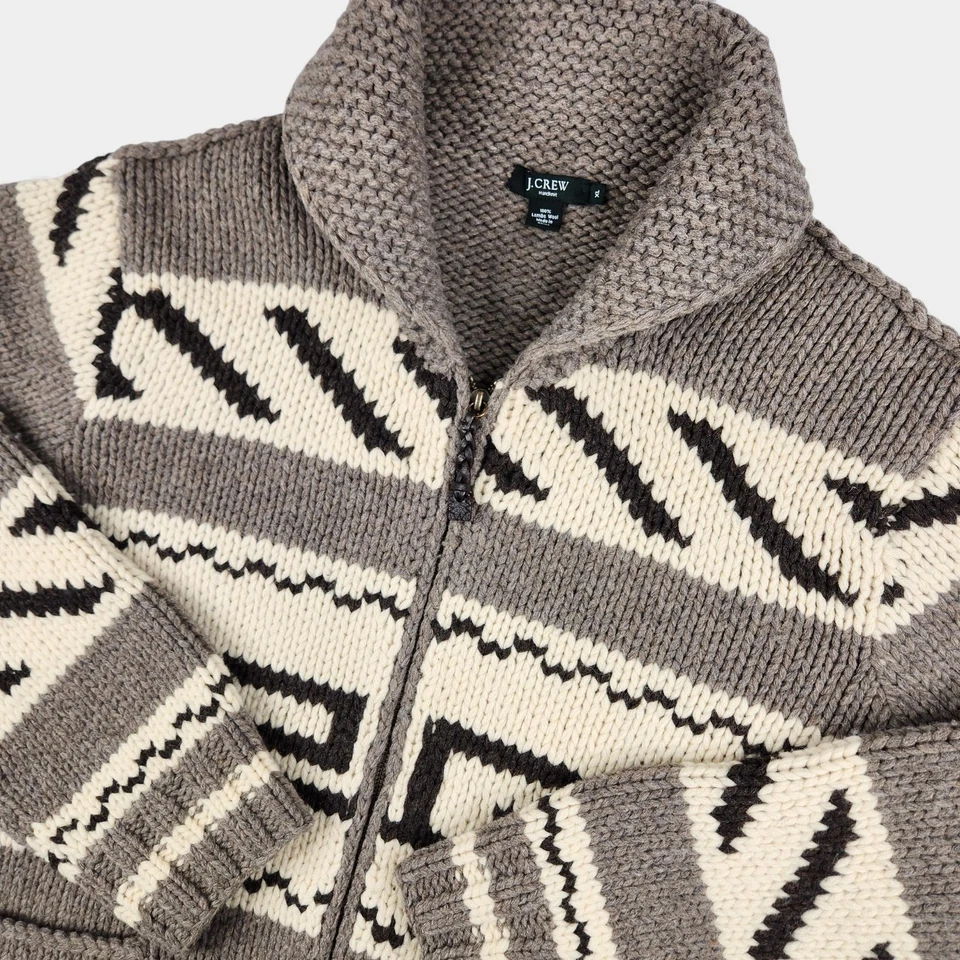 VTG J.Crew Cowichan Eagle Sweater Mens XL Lambswool Shawl Collar Full Zip 2004 - Image 3 of 4
