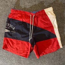 Nautica Swim Trunks Mens XL Red Navy White Colorblock Elastic Waist Lined Mesh