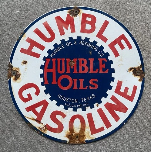 Vintage Humble Gasoline - Humble Oils - Porcelain 12” Round Sign Pump Plate