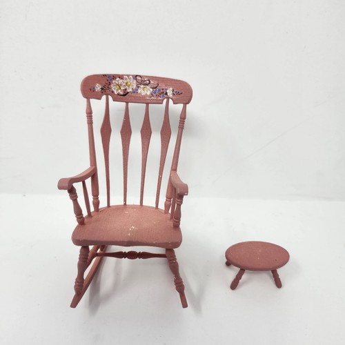 Vintage Dollhouse Miniature Pink Rocking Chair Hand Painted With Stool - Picture 19 of 20