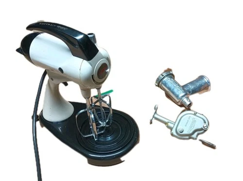 White Sunbeam Mixmaster Stand Mixer 10 speed, With Meat Grinder Attachments