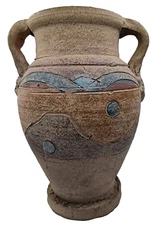 Vintage Rustic Primitive Style Earthenware Pottery Vase Hand Painted 9.5"