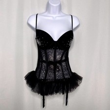 Victoria's Secret Black Rhinestone Mesh Corset Bustier Top 34D Garter Balletcore