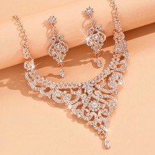 Rhinestone Bridal Jewelry Set Palace V Bib Necklace Chandelier Earrings Wedding