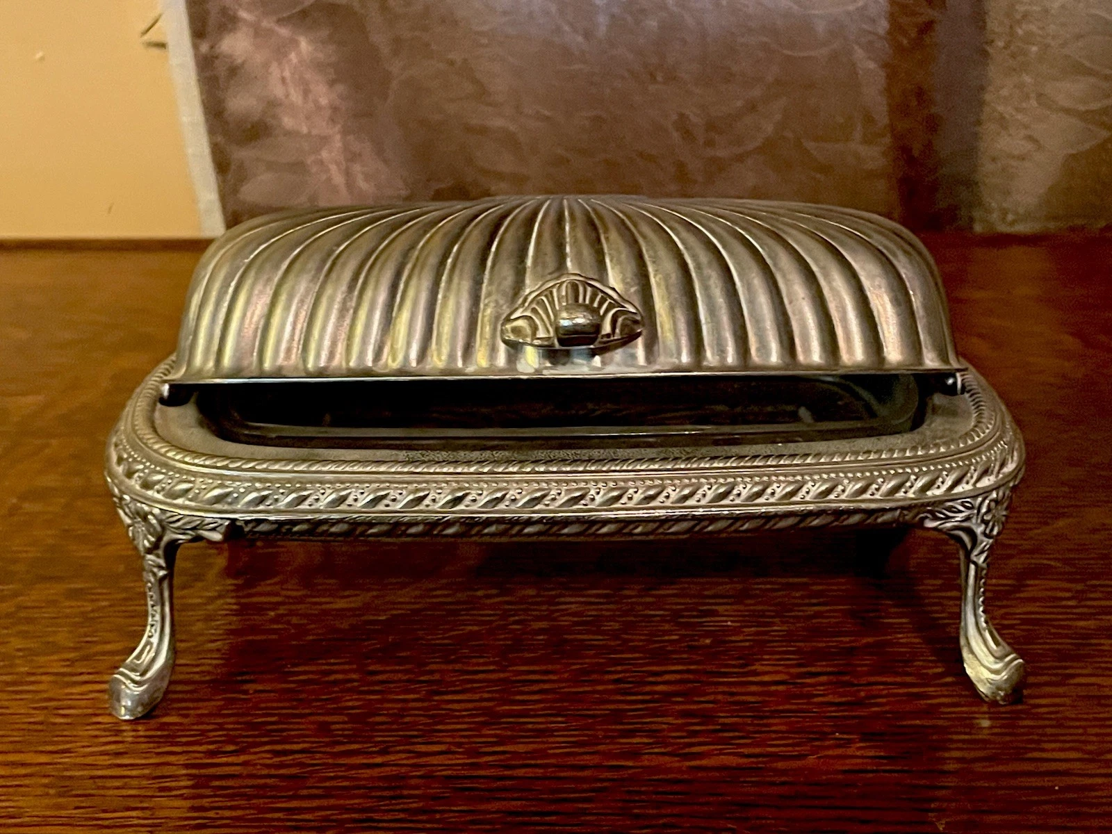 Vintage Regal Quality SilverPlate Roll Top Footed Butter Dish With Glass Tray