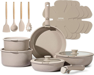 19Pcs Nonstick Cookware Set with Detachable Handle, Taupe
