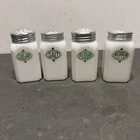 Vintage Hazel Atlas Green Shield Salt Pepper Sugar Flour Milk Glass Shakers