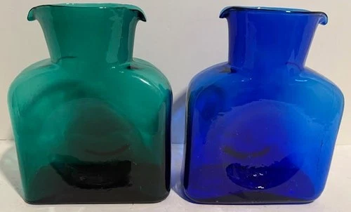 (2) Vintage Blenko Cobalt & Green Art Glass Double Spout Water Bottles- Pitchers