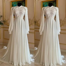 Elegant White Ivory Wedding Dresses Muslim Long Sleeves Lace Appliques Bridal