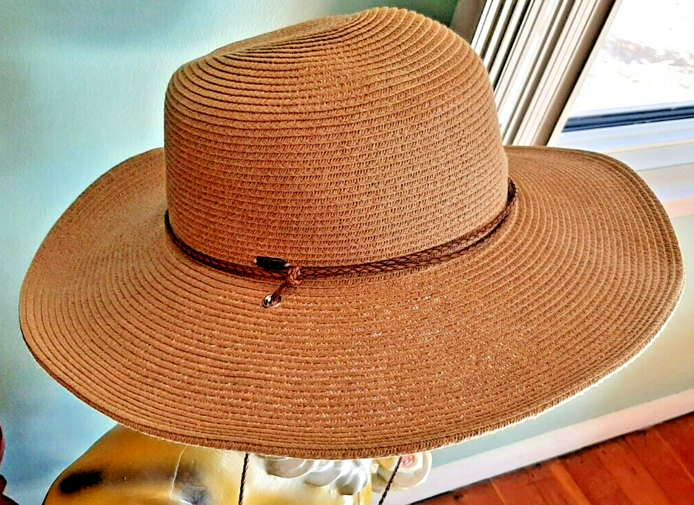 SCALA TAN Paper & Nylon Woven SUN HAT, brown LEATHER HAT 