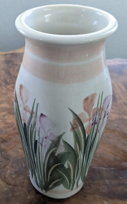 Studio Art Pottery Vase Painted Irises Signed 8.5''